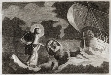 Biblia de Royaumont, Nuevo Testamento: San Pedro camina sobre el agua. Jesucristo camina sobre el mar y hace que San Pedro camine sobre él. Ilustración de 1811.