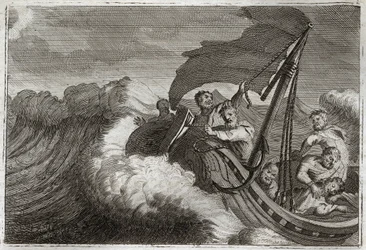 Biblia de Royaumont, Nuevo Testamento: Tempestad apaciguada. Los apóstoles son sorprendidos por una tormenta, despiertan a Jesucristo que dormía en su barco, y él calma el Mar de Galilea. Ilustración de 1811.