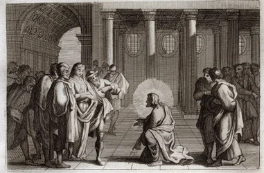 Biblia de Royaumont, Nuevo Testamento: La Mujer Adúltera. Jesucristo se desvía divinamente de las trampas que los judíos le tendieron, preguntándole qué se debía hacer con una mujer sorprendida en adulterio, diciendo, “El que de vosotros esté sin pecado, q