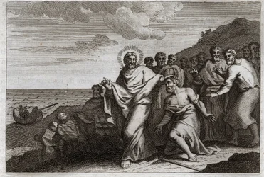 Biblia de Royaumont, Nuevo Testamento: El leproso y el centurión. Un leproso ruega a Jesucristo que lo cure de su lepra, y un centurión lo envía a orar para sanar a su siervo enfermo. Ilustración de 1811