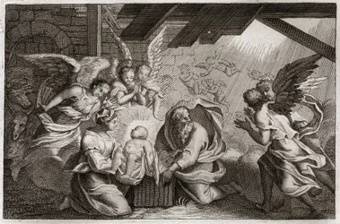 Biblia de Royaumont, Nuevo Testamento: La Natividad. Jesucristo nació de la Santísima Virgen María en un establo en Belén. Ilustración de 1811.