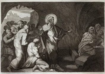 Biblia de Royaumont, Nuevo Testamento: La Resurrección de Lázaro por Jesucristo. Ilustración de 1811.