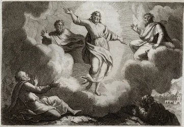 Biblia de Royaumont, Nuevo Testamento: La Transfiguración de Jesucristo. Cristo rodeado de Moisés y Elías con los apóstoles San Juan, Pedro y Santiago abajo. Ilustración de 1811.