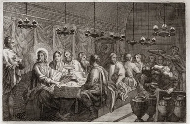 Biblia de Royaumont, Nuevo Testamento: Las bodas de Caná. Primer milagro de Jesucristo que convirtió el agua en vino. Ilustración de 1811.