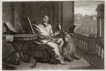Biblia de Royaumont, Nuevo Testamento: El evangelista San Lucas con el toro. Ilustración de 1811.