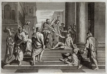 Biblia de Royaumont, Nuevo Testamento: Guerra del cojo. San Pedro, acompañado de San Juan, cura milagrosamente a un cojo en Jerusalén. Ilustración de 1811
