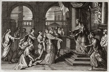 Biblia de Royaumont, Antiguo Testamento: Ester se presenta ante el rey Jerjes I (Asuero I), con la intención de salvar a su pueblo de la muerte que lo amenazaba. Ilustración de 1811.