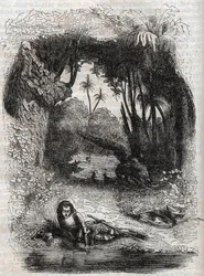 Ruggiero en la isla de Alcina - grabado de 1851 del poema Orlando furioso (1516) por Ludovico Ariosto - Edición traducida del italiano por el Conde de Tressan y publicada por Gustave Harvard 1851