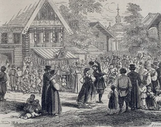 Rusia (siglo XIX). Fiesta en un pueblo. 1879 (grabado)