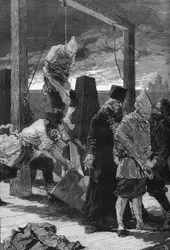 Rusia, San Petersburgo: ejecución de los dos nihilistas Kviatkovsky y Presniakoff el 16/11/1880 en el bastión de San Juan de la Fortaleza de San Pedro y San Pablo. Fueron los autores del atentado contra el Palacio de Invierno en 1879