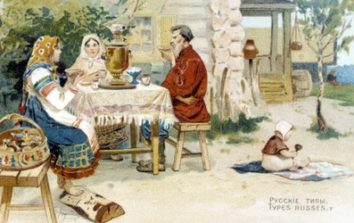 Familia rusa bebiendo té alrededor de un samovar - cromo