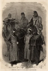 Soldados rusos, que mantienen la autoridad del emperador en el vasto territorio de Rusia, el ejército ruso también permitió un ascenso social muy rápido, otorgando ciertos privilegios e instrucción a cada uno de sus miembros. Grabado para ilustrar 