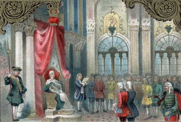 Política de modernización de Rusia: Catalina II de Rusia (1729-1796) proclama la reorganización del Imperio Ruso. En 1785 otorgó muchos más poderes y derechos a los nobles del Imperio. Cromolitografía tardía del siglo XIX.