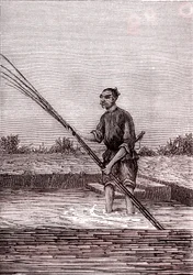 Oxidación del bambú húmedo, fabricación de papel en China (siglo III a.C.) (grabado