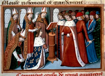 Consagración del rey Carlos VII (1422-1461) por el arzobispo de Reims el 17/07/1429. Miniatura tomada de «Vigilles del rey Carlos VII» de Martial d
