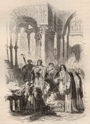 Navegación de Santa Cunegunda de Luxemburgo (ca. 975-1033/1039) en 1024, entregada por el obispo de Paderborn Meinwerk (ca. 975-1036) en la abadía benedictina de Kaufungen en Alemania. Grabado de 1868 en “Histoire de Belgique desde los tiempos primitivos h