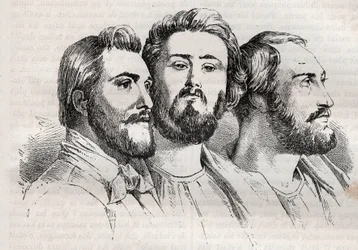Saint-Simonianismo - Saint-Simonianos - Charles Duveyrier (1803-1866) - Émile Barrault (1799-1869) - Michel Chevalier (1806-1879) - Grabado de 1882 en “Histoire de dix ans: 1830-1840” Louis-Blanc (1811-1882)
