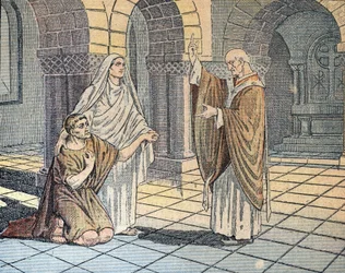 San Agustín de Hipona (354-430) y su madre santa Mónica frente a san Ambrosio (340-397) en Milán, 387 (San Agustín de Hipona con su madre santa Mónica frente a san Ambrosio de Milán, 387) Ilustración de "Le pelerin" 1933 Colección particular