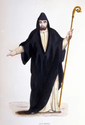 San Benito de Nursia (nacido en Nurcia (Nurcia) en Umbría alrededor de 480 - 527). Grabado de un álbum sobre órdenes religiosas, París