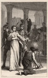 Santa Blandina (mártir 177) se niega a sacrificar a los ídolos - grabado en “Las Mujeres Ilustres de Francia” por Oscar Havard - 1886