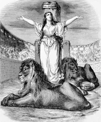 Santa Blandina, joven esclava cristiana, martirizada en el anillo de leones en Lyon en 177, grabado
