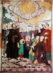 San Francisco Javier (1506-1552), misionero jesuita español, uno de los fundadores de la Compañía de Jesús, evangelizando a los chinos bajo la protección de Cristo en China. Grabado del siglo XIX.
