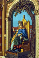 San Luis o Luis IX (1214 - 1270) impartiendo justicia. Cromolitografía.