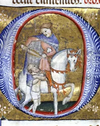 San Martín compartiendo su capa con un pobre. Miniatura del siglo XIV. Biblioteca Nazionale Braidense, Milán.
