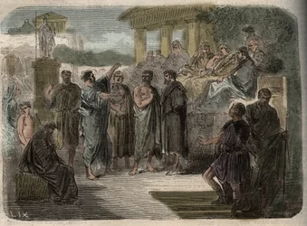 San Pablo predicando en Atenas - La predicción de San Pablo en Atenas - El discurso de Pablo en el Areópago - Pablo de Tarso en el Areópago de Atenas donde se reúnen los filósofos de la antigua Grecia - grabado