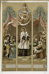 San Vicente de Paúl estableciendo la obra de los Niños Encontrados - según vidriera del siglo XVIII (?)