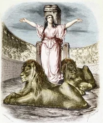 Santa Blandina en la arena, los leones a sus pies (Persecuciones cristianas en Lyon) - en 