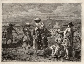 Salina en Bretaña - Paludiers y sauniers en Bretaña (Francia), marismas salinas - grabado en 