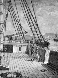 Samuel Morse (1791-1872), inventor del telégrafo electrónico (1844) y del alfabeto Morse a bordo del transatlántico "Sully" en 1832. Grabado del siglo XIX