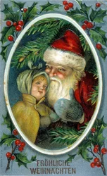 Papá Noel y un niño. Postal alemana del siglo XIX