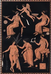 Escena de culto de los misterios eleusinos - Escena de iniciación al culto de los misterios de Eleusis - Culto de Deméter y Perséfone establecido en Eleusis en la antigua Grecia - Grabado de «Usos y costumbres de todos los pueblos del universo. O historia