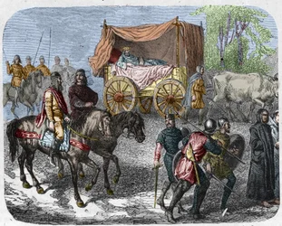 Escena que representa a los reyes perezosos: el Rey de Francia Thierry III (673-691) llevado en un tanque con una cama tirada por bueyes.