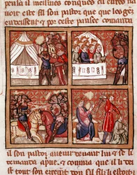Escena de confrontación entre dos campamentos enemigos, una ejecución en la parte inferior derecha. Página de un manuscrito del siglo XIV. Biblioteca Marciana, Venecia