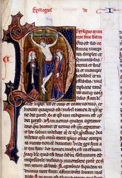 Escena de crucifixión en un membrete (letra D)