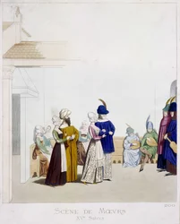 Escena de costumbres: escena de carnaval - basada en un manuscrito italiano del siglo XV, Artes Deco