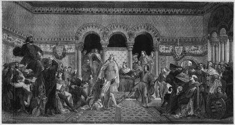 Escena de la vida de Santa Isabel de Hungría (1207-1231). Grabado de 1878 de un mural de Maurice de Schwindau, sala de poetas del castillo de Wartburg.