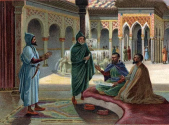 Escenas de Reinos Desaparecidos: Consejo Moro (Moro, nombre dado a los árabes que ocuparon parte de España) en el Palacio de la Alhambra en Granada. Granada es el último estado moro, terminado en 1482. Cromolitografía del siglo XIX