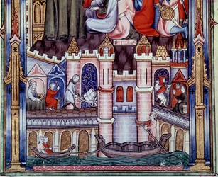 Escenas de construcción y navegación en París en la Edad Media. Miniatura del manuscrito 