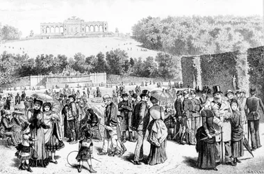Parque de Schönbrunn, un complejo de palacios y jardines cerca de Viena, fue la residencia de verano de la familia Habsburgo desde el siglo XVIII. Litografía del siglo XIX.