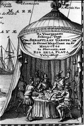 Sebastiano Caboto (Sebastien Cabot) representado en el cartucho de un mapa de navegación con otros navegantes. Principios del siglo XVII