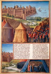 Segunda cruzada: vista del asedio de Ascalón en 1153 por Balduino III (1131-1162). Miniatura tomada de «Les passages faits Outremer par les Français contre les Turks et autres Sarrazins et Moures Outremarine» de Sebastien Mamerot