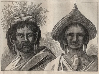 Segundo viaje (1772-1775) del capitán James Cook: hombre y mujer de la Isla de Pascua - ilustración de 