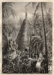 Segundo viaje (1772-1775) del Capitán James Cook (1728-1779): casa circular tradicional, en el techo de una considerable elevación (Nueva Caledonia) - ilustración tomada de “Los Grandes Navegantes del siglo XVIII”