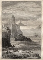 Segundo viaje (1772-1775) del Capitán James Cook (1728-1779): vista del Canal de Noel, Tierra del Fuego - ilustración tomada de "Los Grandes Marineros del siglo XVIII"
