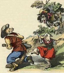 Viendo al lobo, el Maestro Zorro huyó, dejando a la Pequeña Cabrita en peligro. Ilustración del cuento "Bon medor y la Pequeña Cabrita". En "Cuentos del hogar para los pequeños". Grabado anónimo del siglo XIX