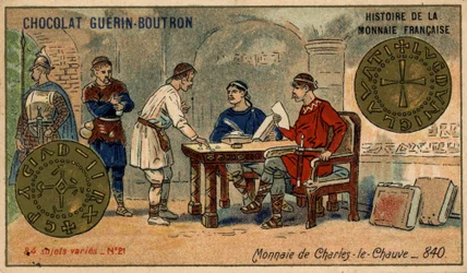 Serie Histoire de la Monnaie Française publicada por Chocolat Guérin Boutron. Cromolitografía del siglo XIX. Moneda de Carlos el Calvo en 840